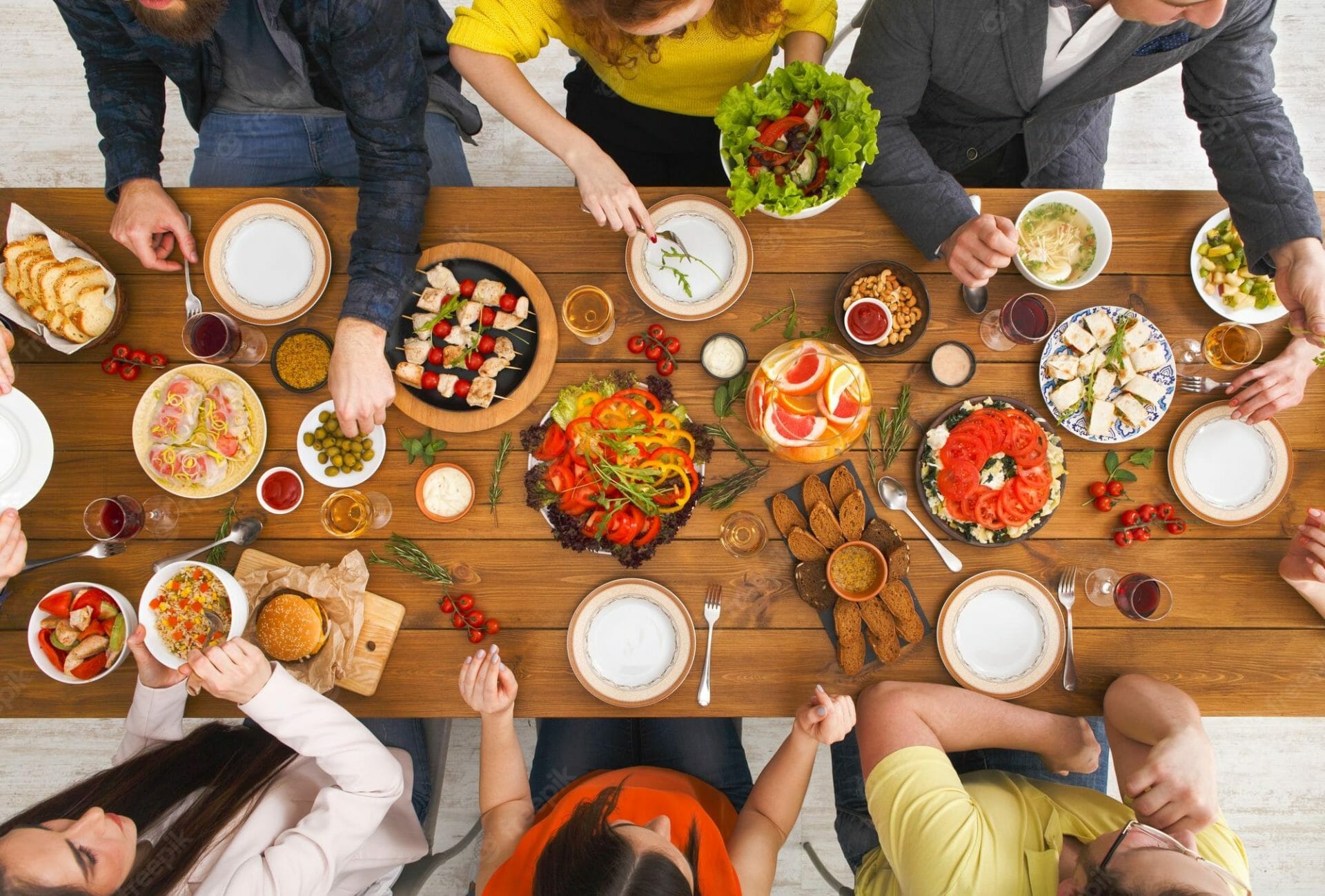 friends dinner table top view people eat healthy food together home party 116547 10887